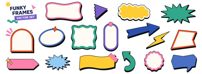 Colorful funky sticker frames and retro groovy labels with playful blank shapes, zigzag borders, cartoon badges, arrows, comic bubbles and abstract geometric forms vector illustration © aura studio