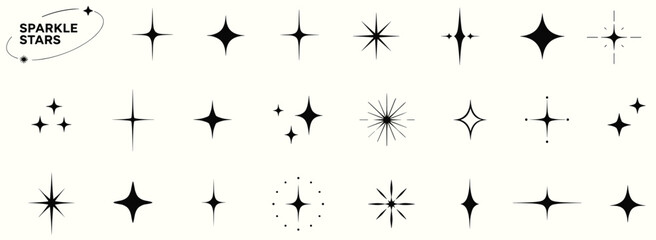 Twinkle sparkle star icons with glowing light bursts, cosmic glitter shapes, magic glint symbols, minimalist Y2K celestial elements and boho star silhouettes vector illustration © aura studio