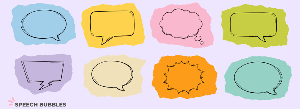 Hand drawn speech bubbles on crumpled torn paper cutouts, blank pen ink chat balloons, grunge comic cloud doodles and colorful collage message frames vector illustration