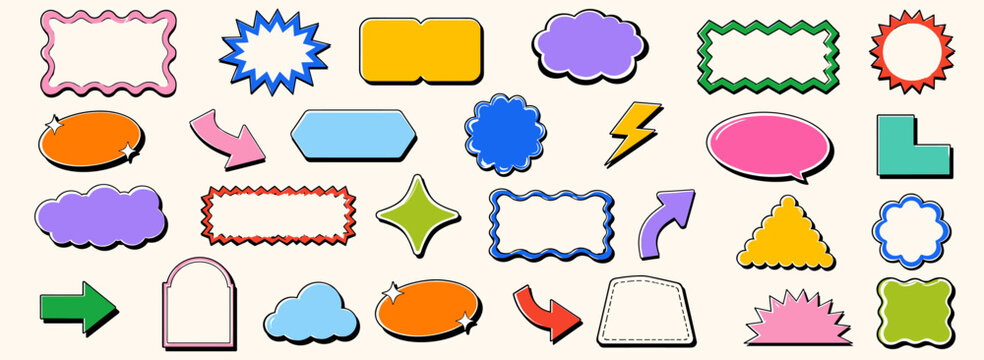 Colorful funky frames and playful blank stickers in abstract geometric shapes, retro groovy labels, zigzag badges, comic patches and dynamic arrow pointers vector illustration