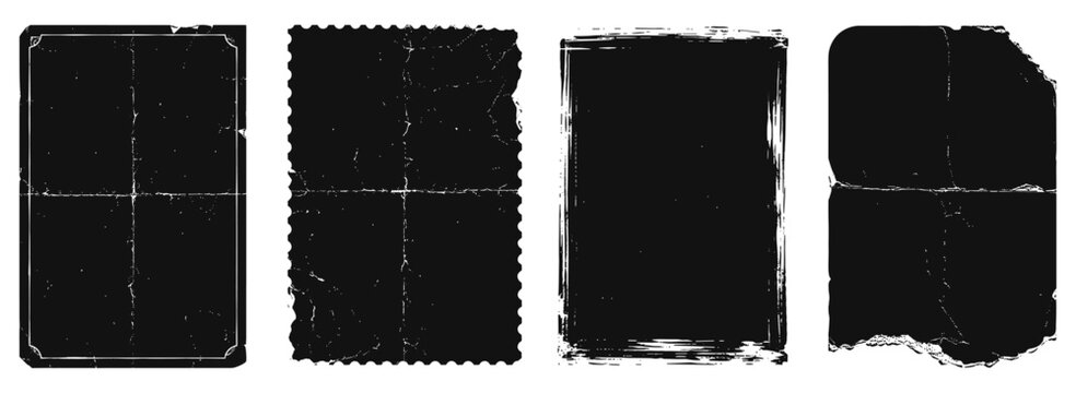Distressed paper frame vector set with realistic texture, torn edges, folded creases, grunge borders, vintage photo overlays and rough retro poster templates