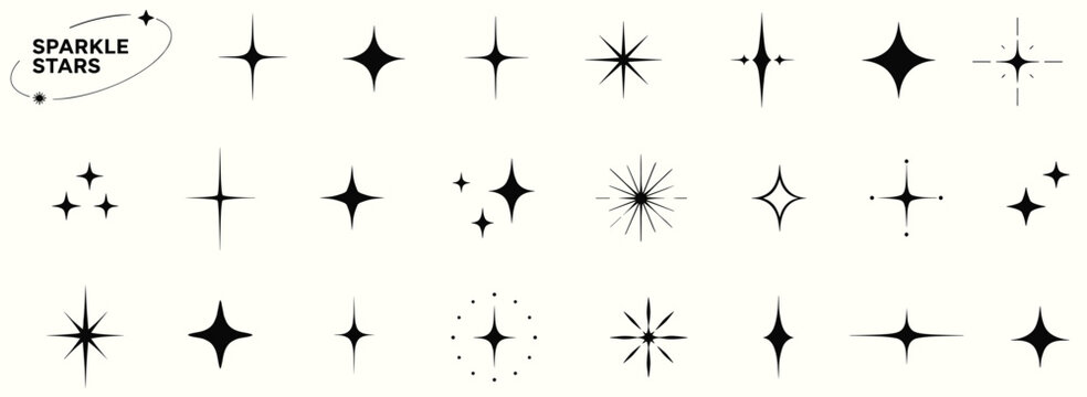 Twinkle sparkle star icons with glowing light bursts, cosmic glitter shapes, magic glint symbols, minimalist Y2K celestial elements and boho star silhouettes vector illustration