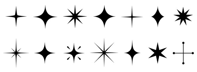 Minimalist star silhouettes and twinkle sparkle icons, modern geometric shining symbols, abstract black celestial shapes and magic glint elements vector set © aura studio