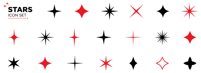 Modern twinkle star icons and minimalist sparkle silhouettes, geometric shining symbols, abstract black celestial shapes, magic glints and cosmic elements vector set © aura studio