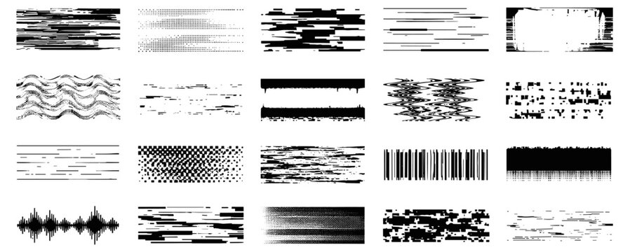 Monochrome bitmap glitch background set with dithering, pixel noise and VHS distortion, damaged analog video screens, digital static overlays and retro television textures vector