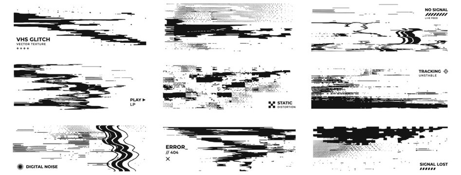 Retro pixel glitch texture collection with monochrome dithering, distorted VHS screens, analog television noise, digital static, damaged video frames and bitmap overlays vector set