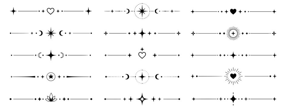 Celestial sparkle divider set with minimalist line borders, twinkle stars, heart symbols, magical glints and esoteric decorative elements vector illustration