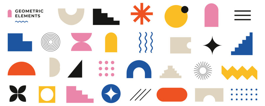 Abstract Memphis geometric elements with brutalism forms, modern minimalist figures, bold stars, circles, lines, grids and basic shapes vector illustration