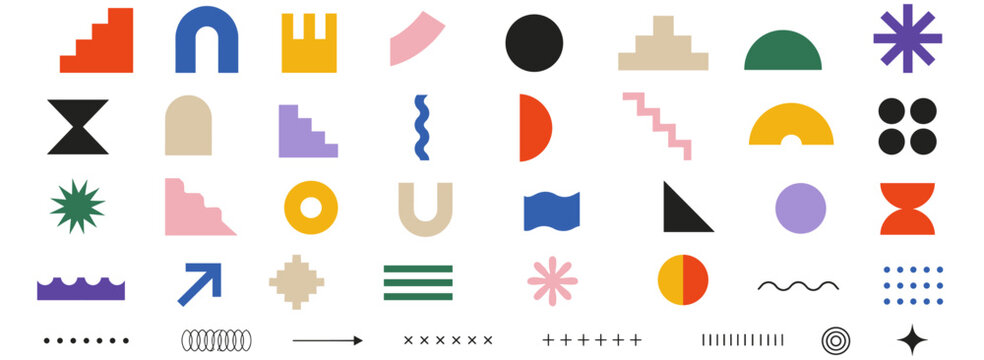 Modern abstract geometric shapes, brutalist forms and Memphis elements with minimalist stars, circles, lines, grids and bold basic figures vector illustration