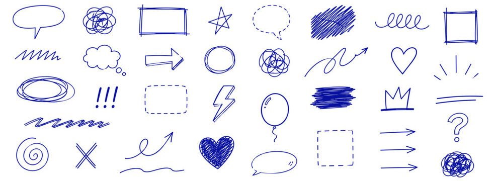 Blue ballpoint pen doodles with messy scribbles, chaotic squiggles, hand drawn frames, arrows, speech bubbles, swirls and childish notebook sketches vector illustration