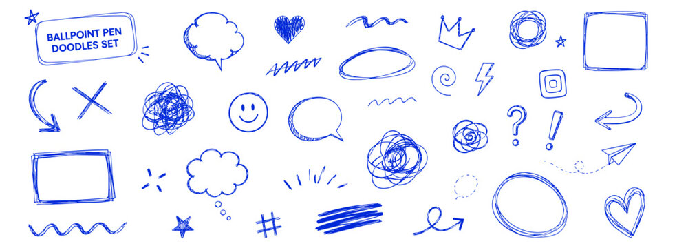 Messy blue pen scribbles and hand drawn doodles, chaotic loops, arrows, speech balloons, rough frames, swirls and playful notebook sketch elements vector illustration