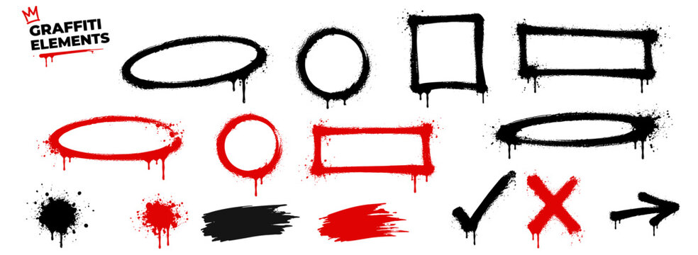 Black graffiti frame set with spray paint oval and circle borders, overspray drips, ink splatters, grunge check marks, cross symbols and urban street art vector elements