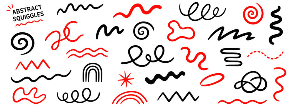Bold fluid squiggle line set with dynamic wavy swirls, black organic scribbles, playful curvy stripes, funky spiral doodles and abstract hand drawn vector shapes