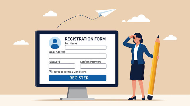 Professional businesswoman holding a giant pencil beside a large digital registration form vector graphic illustration