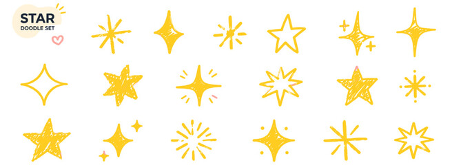 Fototapeta na wymiar Yellow star doodles and twinkle sparkles drawn with crayon and pencil, grunge chalk scribbles, cute kids starbursts and hand drawn celestial shapes vector set