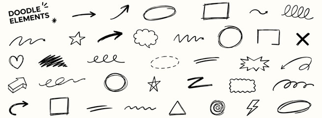 Hand drawn pencil doodle set with rough scribbles, sketch swirls, messy frames, arrows, stars, squiggles, black pen grunge lines and cute childish marker drawings vector illustration