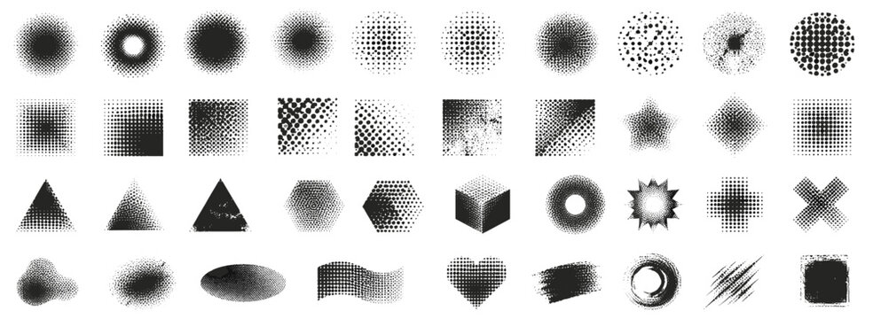 Distressed halftone seamless pattern set with retro comic dots, vintage polka textures, rough grunge overlays and geometric black dotted backgrounds vector illustration