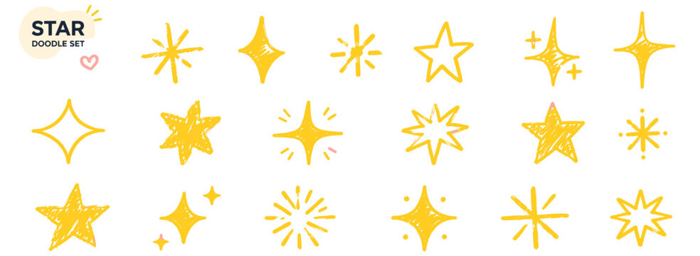 Yellow star doodles and twinkle sparkles drawn with crayon and pencil, grunge chalk scribbles, cute kids starbursts and hand drawn celestial shapes vector set