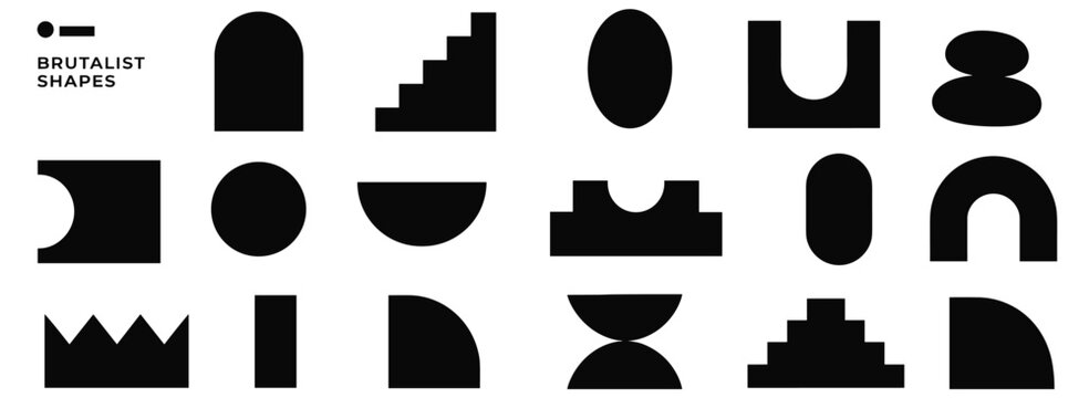 Abstract brutalist geometric shape set with minimalist primitive silhouettes, bold ovals, arches, circles and modern Swiss style graphic design elements, vector illustration