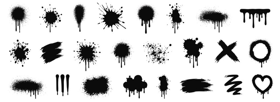 Black graffiti ink blots and spray paint splatters with drips, overspray dots, messy grunge stains, urban street art textures and distressed vector elements