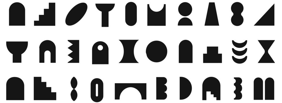 Modern Swiss geometric shapes with abstract brutalism forms, primitive silhouettes, simple arches, ovals, circles and bold contemporary graphic elements, vector illustration