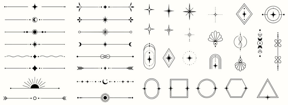 Abstract geometric line borders and minimalist boho dividers with sparkle stars, celestial twinkles, cosmic symbols and modern decorative elements, vector illustration
