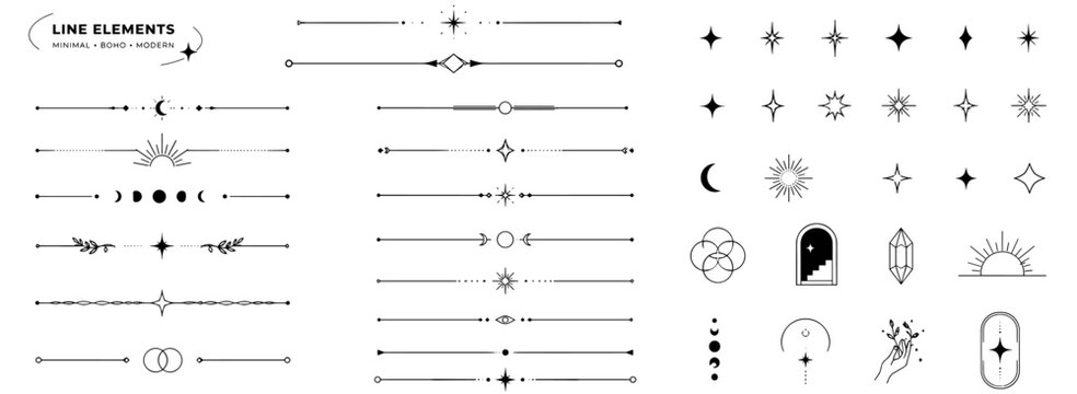 Minimalist abstract line element set with geometric borders, boho dividers, sparkle stars, twinkle symbols and modern celestial decorative forms, vector illustration