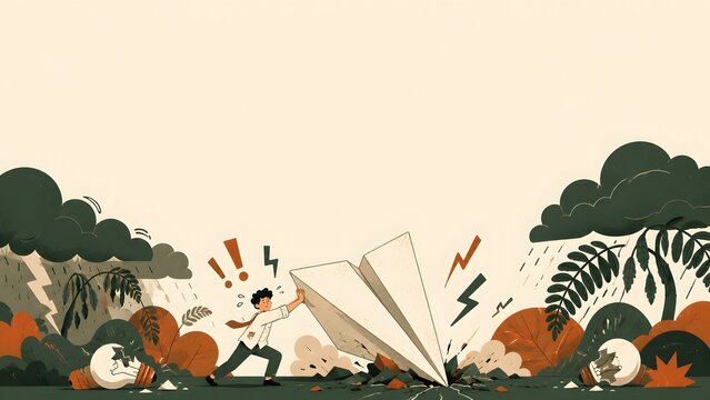 Stressed businessman pushing crashed paper plane amidst storm and financial crisis landscape