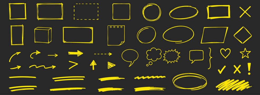 Hand drawn black marker stroke set with rough frames, arrows, circles, scribbles, check marks, dry ink brush lines and grunge underline doodle elements, vector illustration