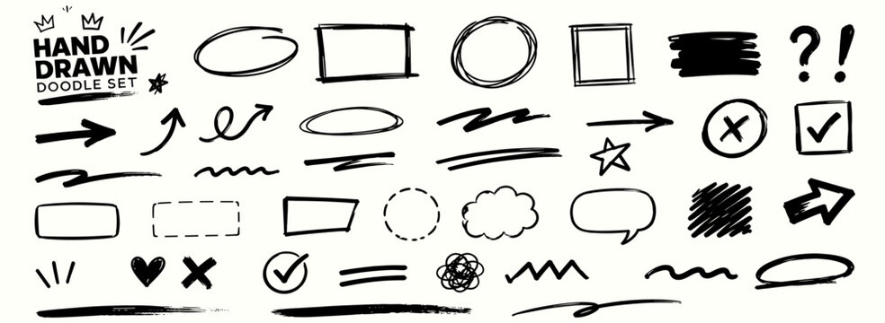 Black marker doodle set with hand drawn arrows, rough frames, circles, bold scribbles, check marks, dry brush underlines and grunge ink sketch elements vector illustration