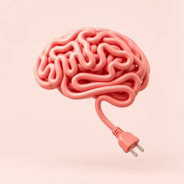 Pink cable brain with electrical plug. Mental energy, brainpower, artificial intelligence, burnout, recharging, connectivity and digital detox concept