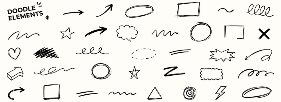 Hand drawn pencil doodle set with rough scribbles, sketch swirls, messy frames, arrows, stars, squiggles, black pen grunge lines and cute childish marker drawings vector illustration