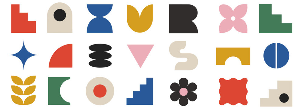 Minimal brutalist geometric shapes with abstract Bauhaus forms, simple stars, flowers, circles and trendy modern graphic elements for contemporary design vector illustration