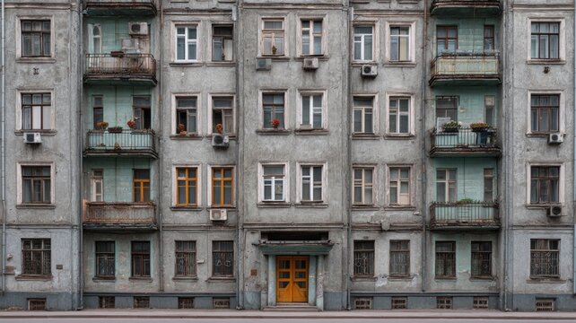 Urban soviet-era apartment facade in grayscale. Artificial intelligence image