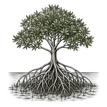 Detailed Mangrove Tree with Aerial Roots Vintage Botanical Engraving Illustration for Coastal Ecosystem Conservation