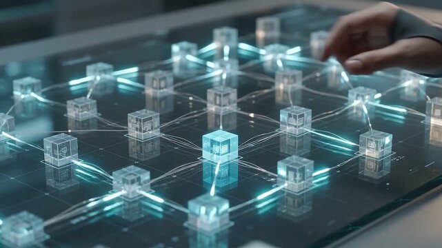 Digital network hand touch cube data connection futuristic interface technology scene, transparent cube data connection visual