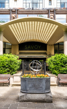 Savoy Place entrance of The Savoy, London's first luxury hotel, opened 1889 by Richard D'Oyly Carte, designed by architect Thomas Edward Collcutt, London, United Kingdom