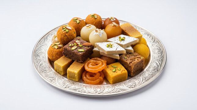 Assortment of Indian Sweets on a Decorative Silver Platter