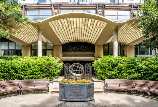 Savoy Place entrance of The Savoy, London's first luxury hotel, opened 1889 by Richard D'Oyly Carte, designed by architect Thomas Edward Collcutt, London, United Kingdom