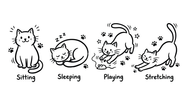 Cute Cat Poses and Activities Vector Doodle Set: Hand Drawn Domestic Feline Icons Featuring Sitting, Sleeping, Playing and Stretching Kitten