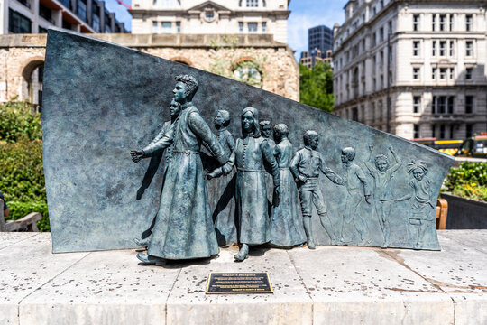 Bronze monument to Christ's Hospital by Andrew F. Brown (2017), outside the ruins of Christ Church Greyfriars, Newgate Street, City of London, UK.