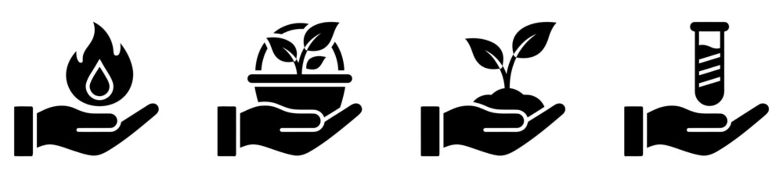 Black icons of hands holding fire, plant, and test tube