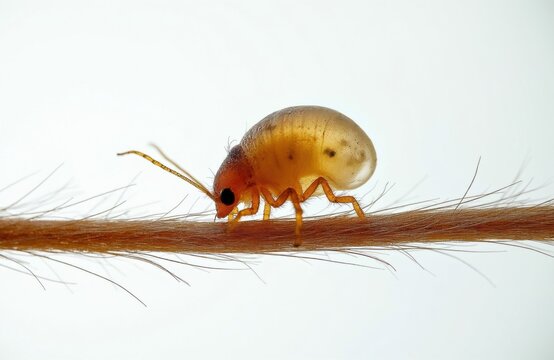 Macro shot of tiny head louse walking on human hair. Parasite insect crawls along fiber under microscope magnification. Biology image shows pediculus humanus pest causing itching, infection. Clinical