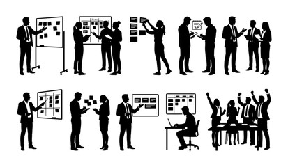 Obraz premium Business People Silhouettes Collection Set of Professional Office Workers and Team Collaboration Meeting Poses