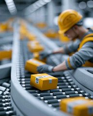 Fototapeta premium Worker handles packages on conveyor belt. Yellow hard hat and gloves suggest safety focus. Focused expression indicates careful operation. Boxes move steadily through automated system