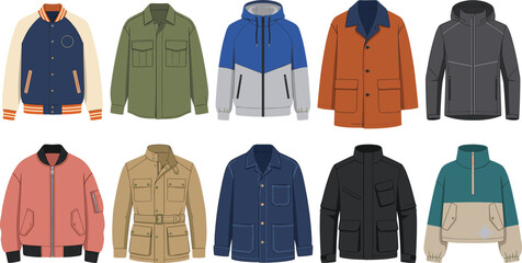 Collection of Men's Jacket Styles with Casual Outerwear Fashion Technical Flat Vector Illustration © JanokChandra