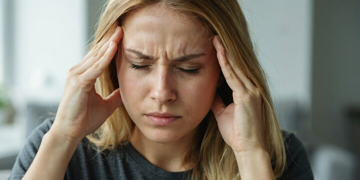 Young woman suffering from severe headache or migraine holding her temples.