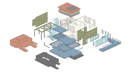 Fototapeta premium Isometric Exploded View Architectural Diagram of a Modern Eco-Friendly Residential House Design