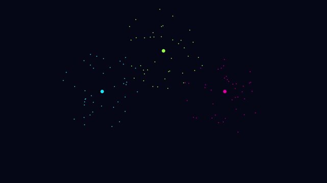 Abstract neon particle clusters motion animation 4k background, with glowing floating, spheres and dynamic, data nodes on, dark background