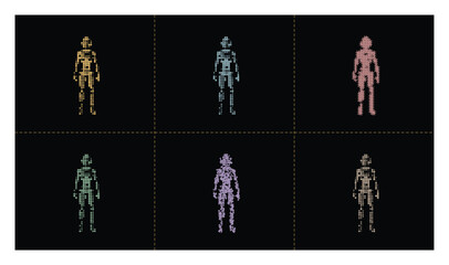 Obraz premium Set of six pixelated human figures in different colors on a dark background.